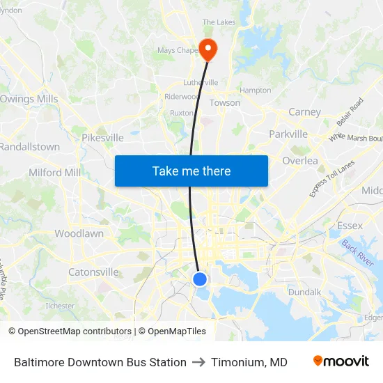 Baltimore Downtown Bus Station to Timonium, MD map