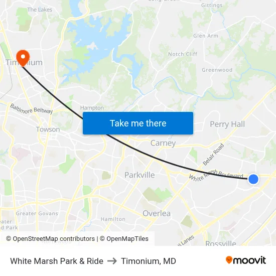 White Marsh Park & Ride to Timonium, MD map