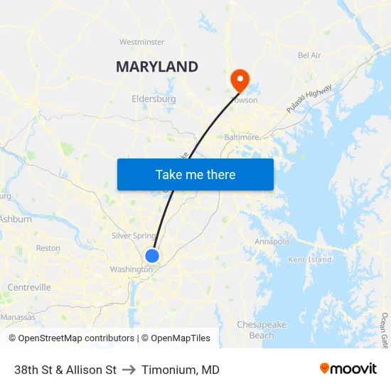 38th St & Allison St to Timonium, MD map