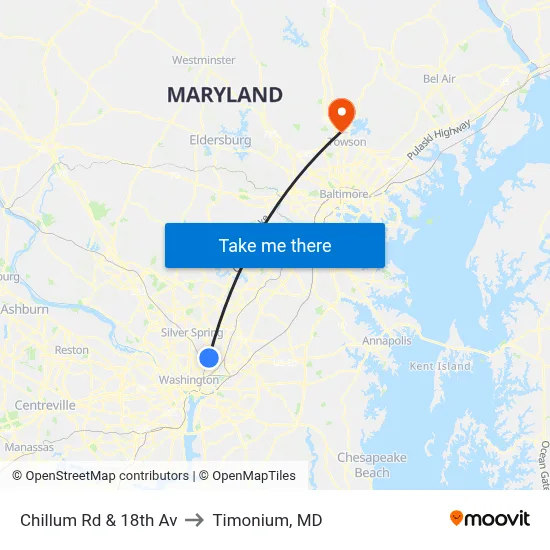 Chillum Rd & 18th Av to Timonium, MD map