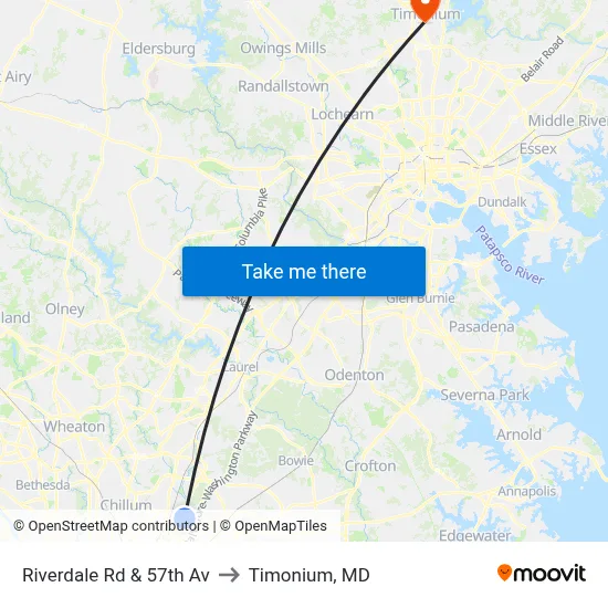 Riverdale Rd & 57th Av to Timonium, MD map