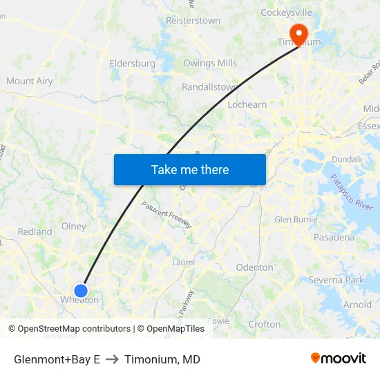 Glenmont+Bay E to Timonium, MD map