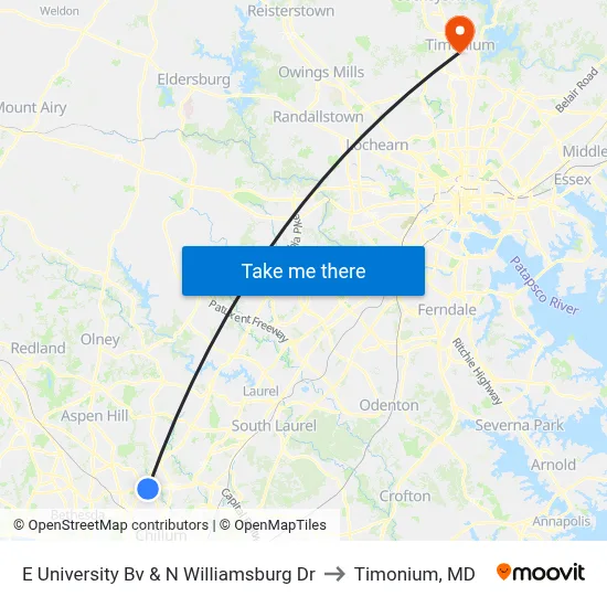 E University Bv & N Williamsburg Dr to Timonium, MD map