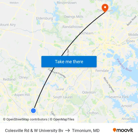 Colesville Rd & W University Bv to Timonium, MD map