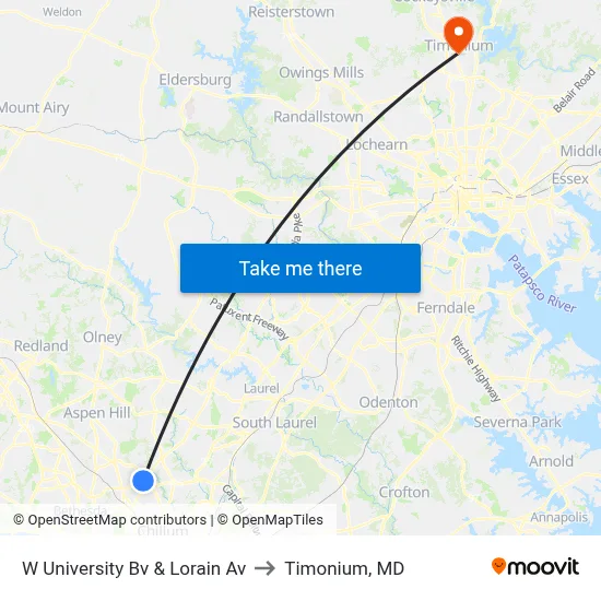 W University Bv & Lorain Av to Timonium, MD map