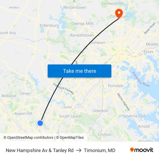New Hampshire Av & Tanley Rd to Timonium, MD map