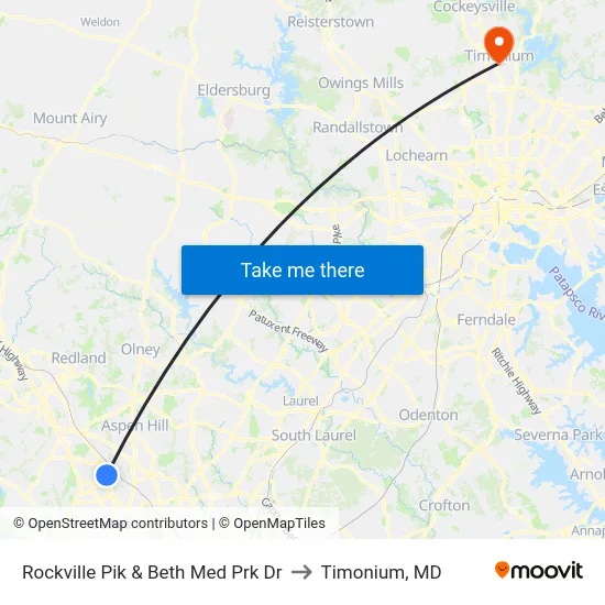 Rockville Pik & Beth Med Prk Dr to Timonium, MD map