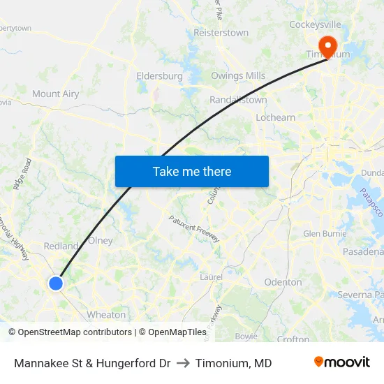 Mannakee St & Hungerford  Dr to Timonium, MD map