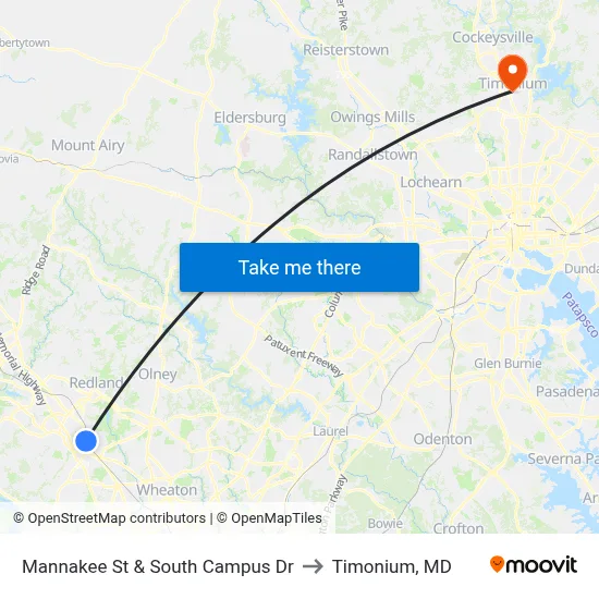 Mannakee St & South Campus Dr to Timonium, MD map