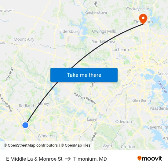 E Middle La & Monroe St to Timonium, MD map