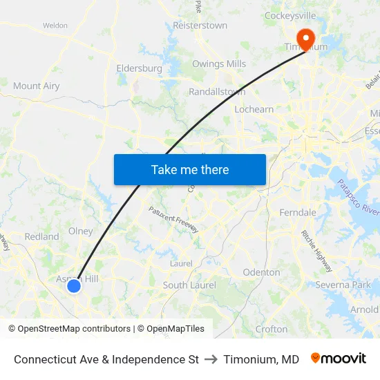 Connecticut Ave & Independence St to Timonium, MD map