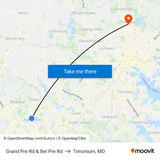 Grand Pre Rd & Bel Pre Rd to Timonium, MD map