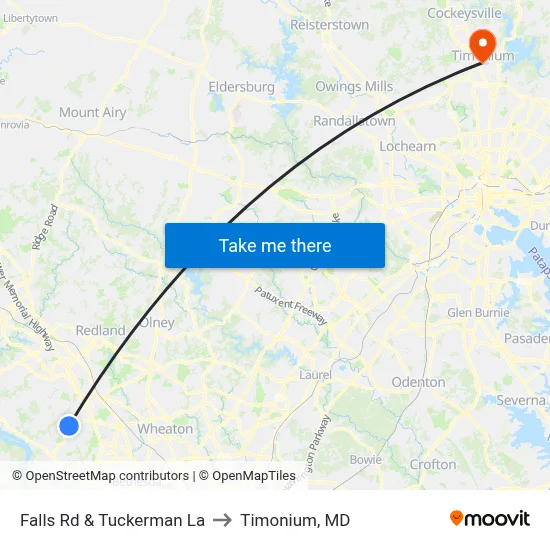 Falls Rd & Tuckerman La to Timonium, MD map