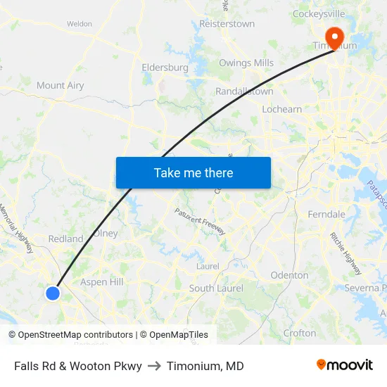 Falls Rd & Wooton Pkwy to Timonium, MD map
