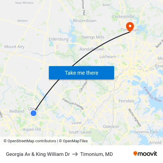 Georgia Av & King William Dr to Timonium, MD map