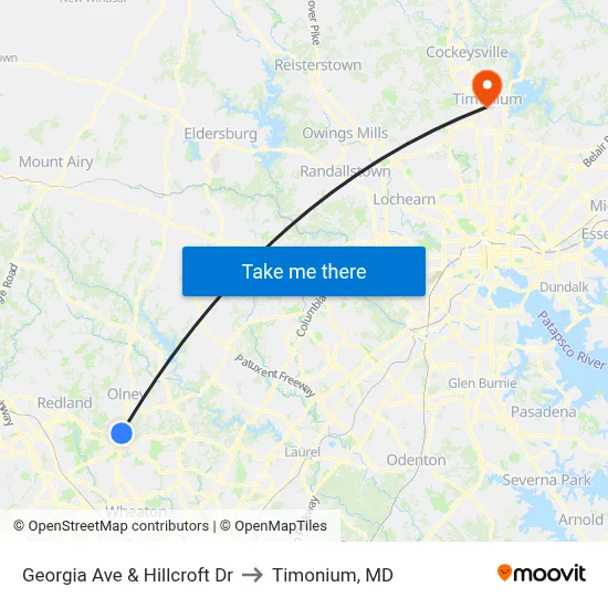 Georgia Ave & Hillcroft Dr to Timonium, MD map
