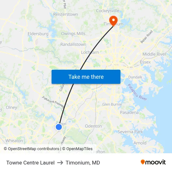 Towne Centre Laurel to Timonium, MD map