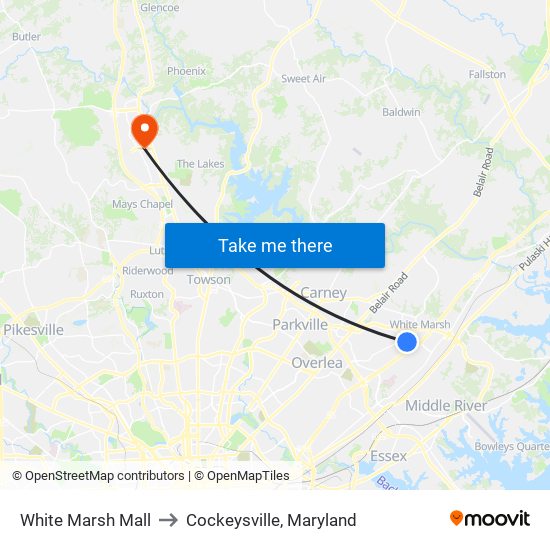 White Marsh Mall to Cockeysville, Maryland map