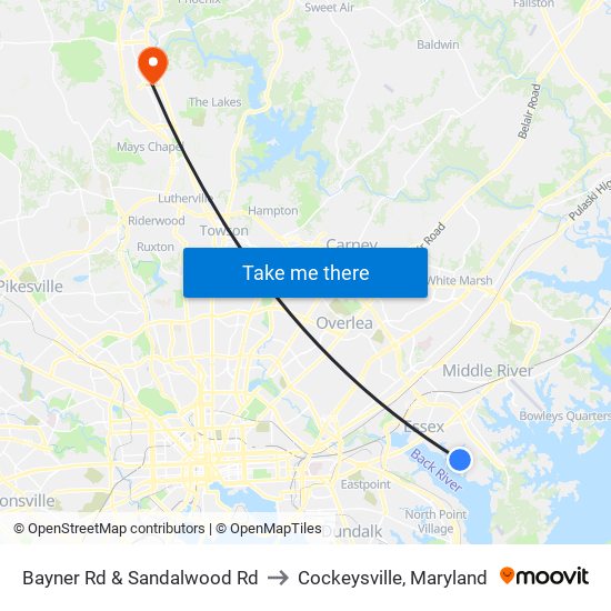 Bayner Rd & Sandalwood Rd to Cockeysville, Maryland map