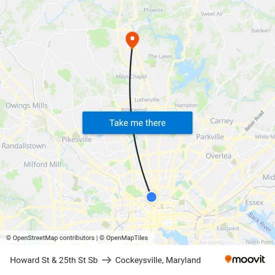 Howard St & 25th St Sb to Cockeysville, Maryland map