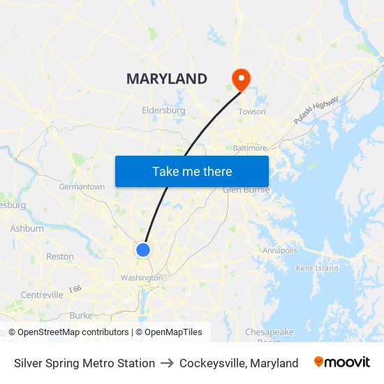 Silver Spring Metro Station to Cockeysville, Maryland map