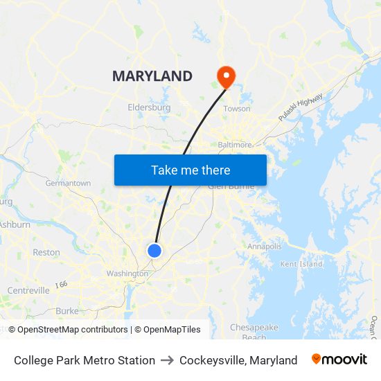 College Park Metro Station to Cockeysville, Maryland map