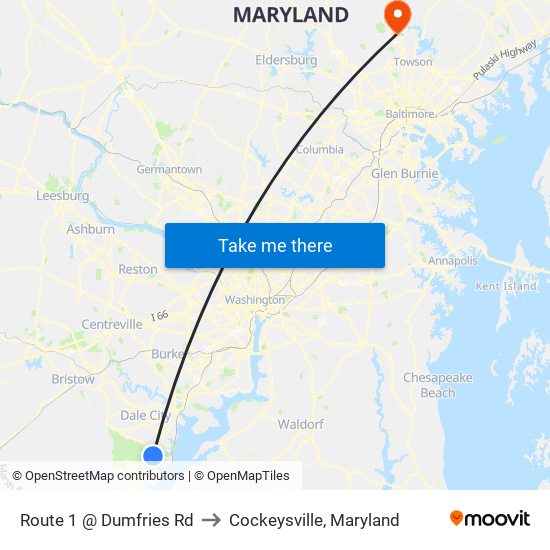 Route 1 @ Dumfries Rd to Cockeysville, Maryland map