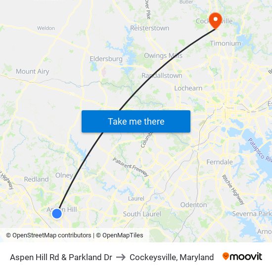 Aspen Hill Rd & Parkland Dr to Cockeysville, Maryland map