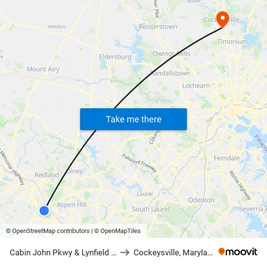 Cabin John Pkwy & Lynfield Dr to Cockeysville, Maryland map