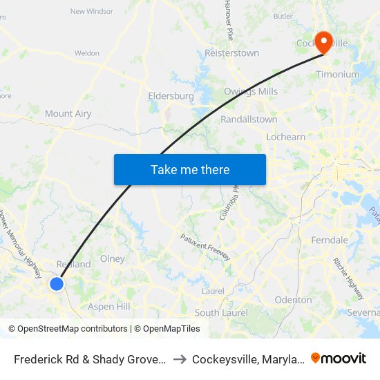 Frederick Rd & Shady Grove Rd to Cockeysville, Maryland map