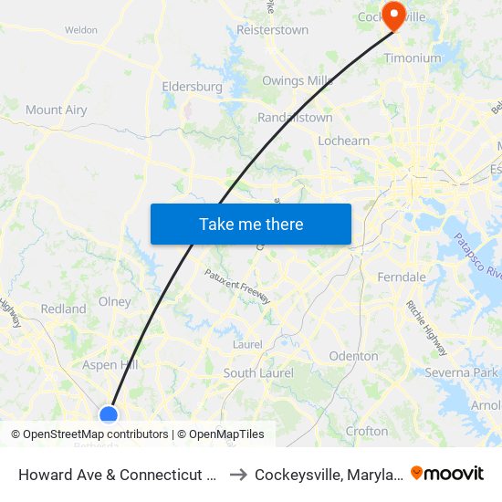Howard Ave & Connecticut Ave to Cockeysville, Maryland map