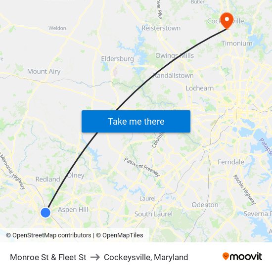 Monroe St & Fleet St to Cockeysville, Maryland map