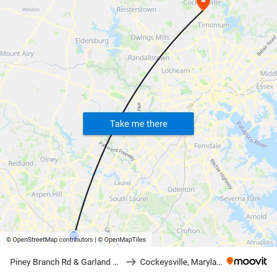 Piney Branch Rd & Garland Ave to Cockeysville, Maryland map