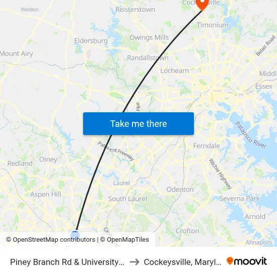 Piney Branch Rd & University Blvd to Cockeysville, Maryland map