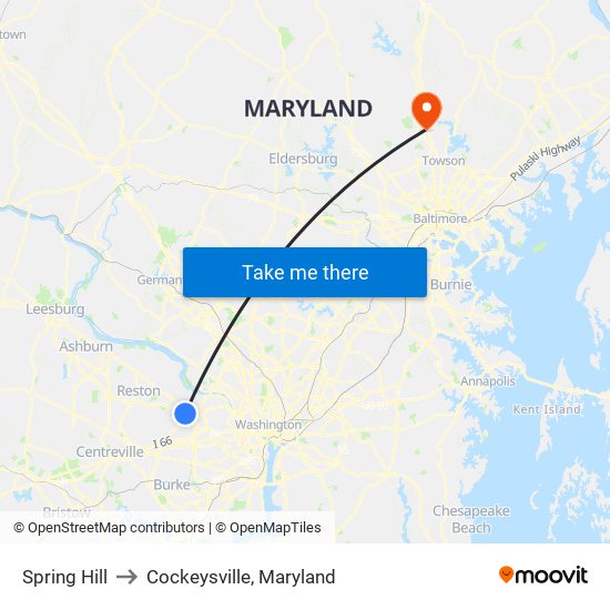 Spring Hill to Cockeysville, Maryland map