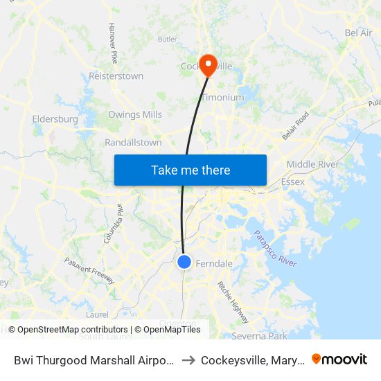 Bwi Thurgood Marshall  Airport, Md to Cockeysville, Maryland map