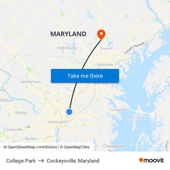 College Park to Cockeysville, Maryland map