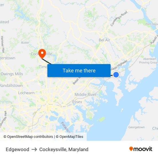 Edgewood to Cockeysville, Maryland map