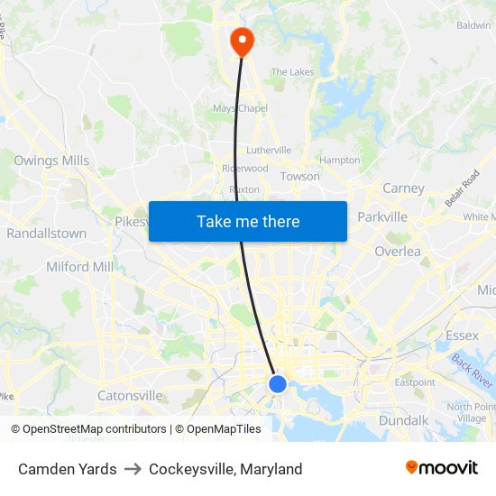 Camden Yards to Cockeysville, Maryland map