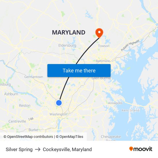 Silver Spring to Cockeysville, Maryland map