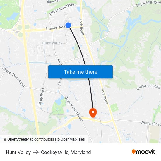 Hunt Valley to Cockeysville, Maryland map