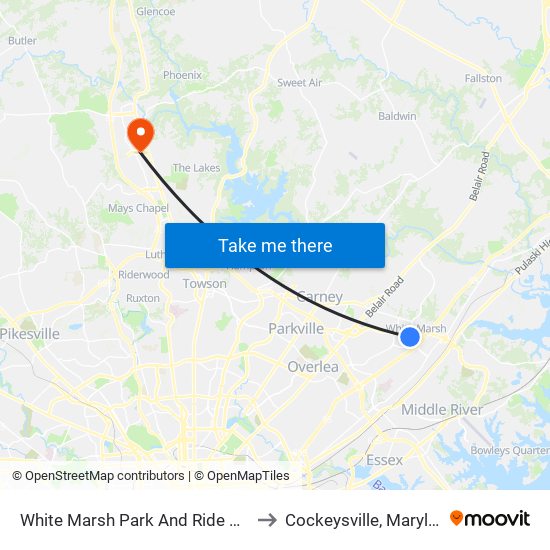 White Marsh Park And Ride Bay 1 to Cockeysville, Maryland map