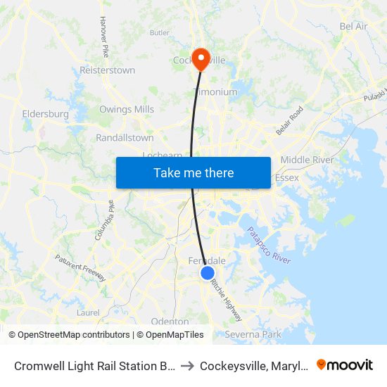 Cromwell Light Rail Station Bay 1 to Cockeysville, Maryland map