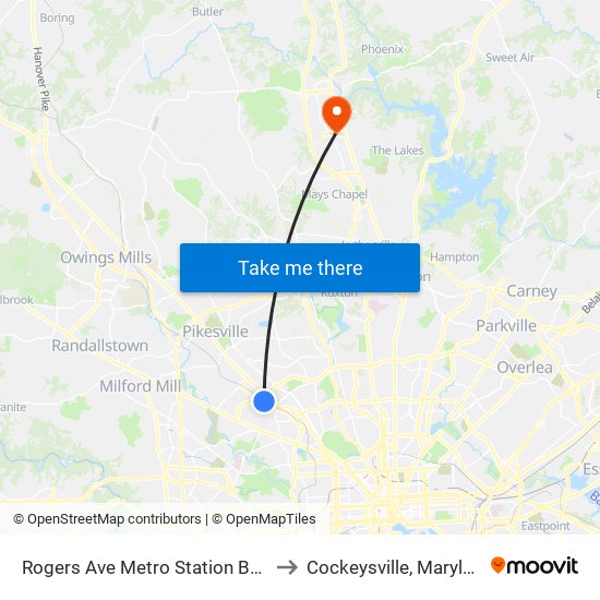 Rogers Ave Metro Station Bay 6 to Cockeysville, Maryland map