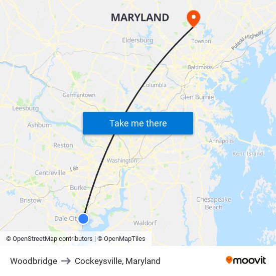 Woodbridge to Cockeysville, Maryland map