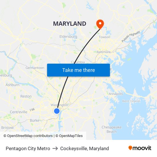 Pentagon City Metro to Cockeysville, Maryland map