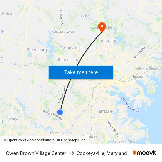 Owen Brown Village Center to Cockeysville, Maryland map