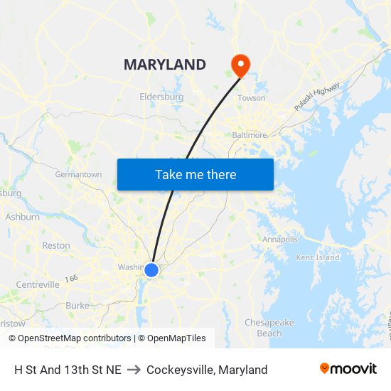 H St And 13th St NE to Cockeysville, Maryland map