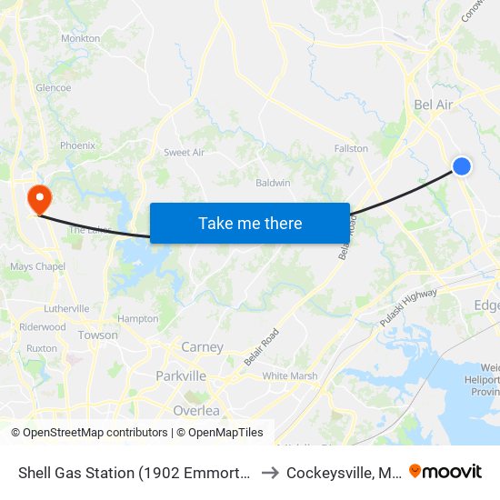 Shell Gas Station (1902 Emmorton Rd/Rt 924) to Cockeysville, Maryland map