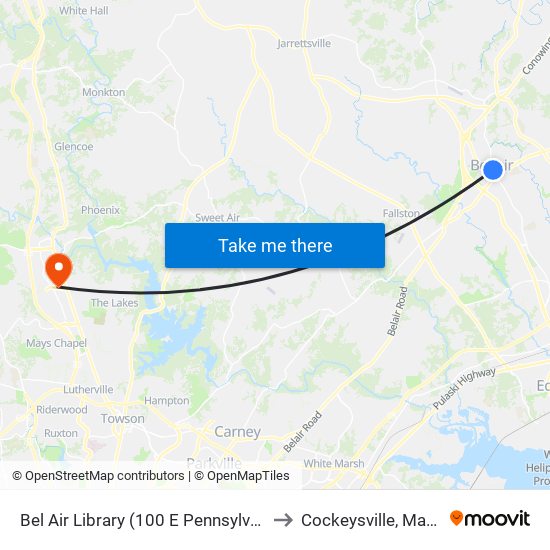 Bel Air Library (100 E Pennsylvania Ave) to Cockeysville, Maryland map